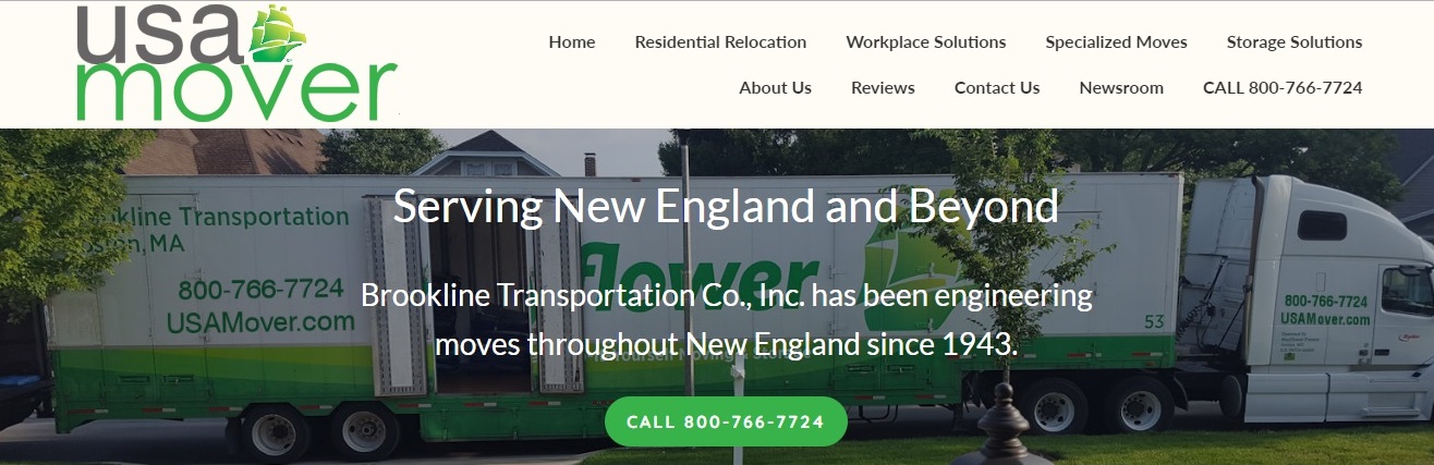 The new home page for the website for Brookline Transportation, Inc. (BTI), a Mayflower Van Lines agent specializing in commercial, lab, medical, science and residential moves. BTI recently upgraded its website, usamover.com. 