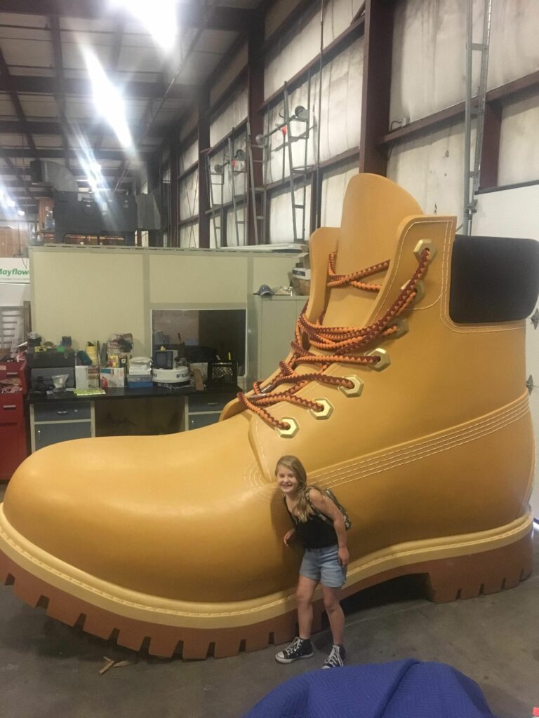 photo of oversized Timberland Shoe. BTI, a moving company based in Hanover, Mass., stored the oversized shoe before the September 2019 exhibit